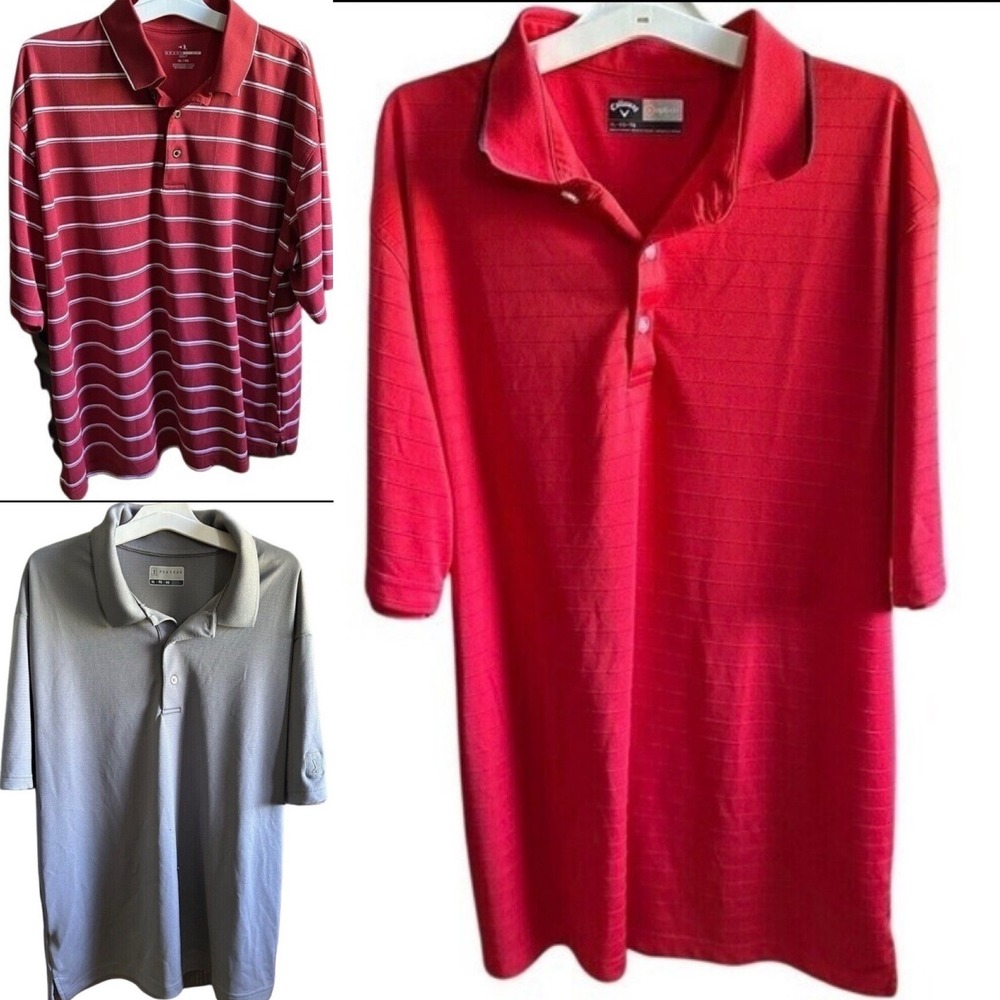 Lot of 3 Mens XL Golf Polo Shirts Callaway PGA Tour Grand Slam Red Gray Burgundy
